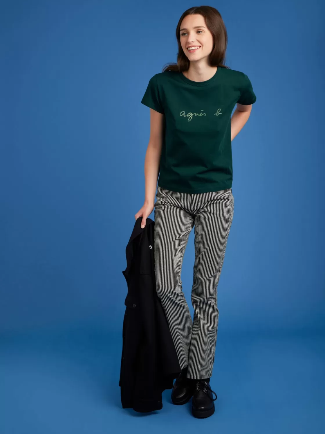 Women agnès b. T-Shirts & Tank Tops<Dark Green Cotton "" Logo Brando T-shirt