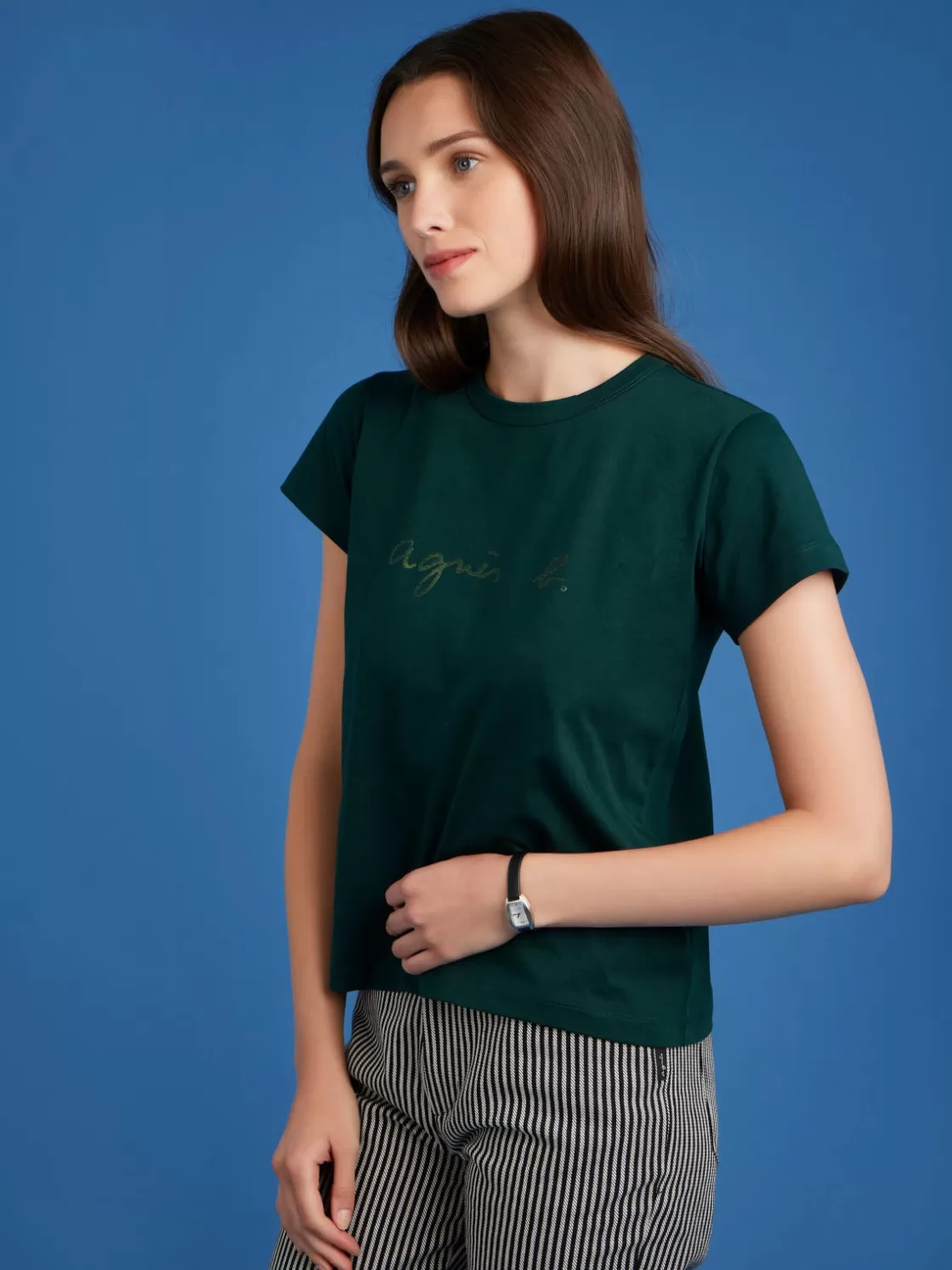 Women agnès b. T-Shirts & Tank Tops<Dark Green Cotton "" Logo Brando T-shirt
