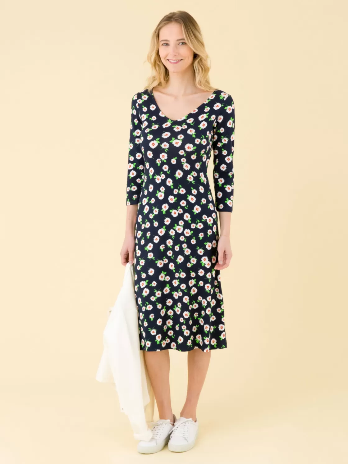 Women agnès b. Dresses<Navy Blue New Danseuse Dress With White Floral Print And 3/4 Length Sleeves